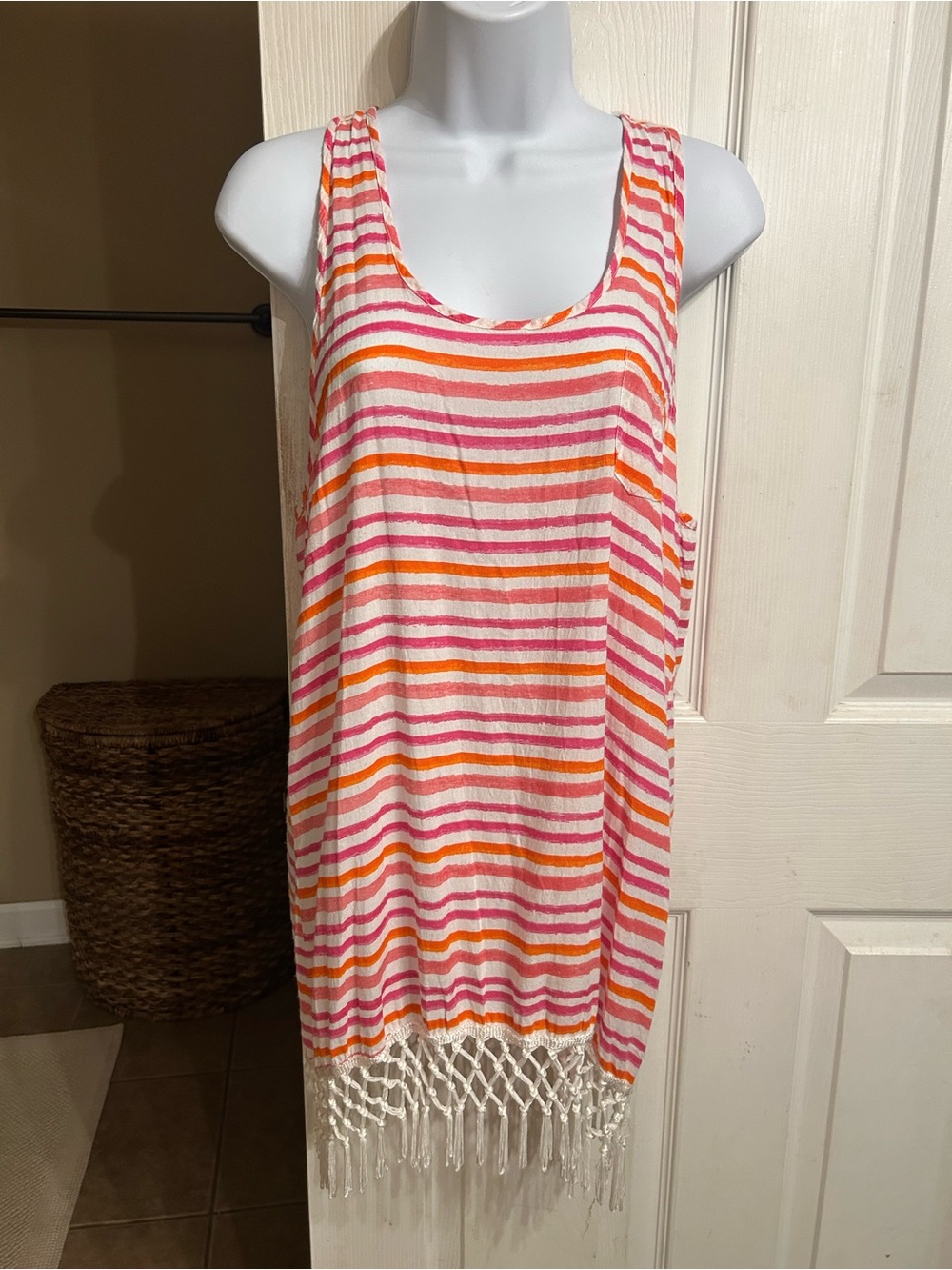 Mud Pie Pink, Orange & White Striped Fringe Tank Dress